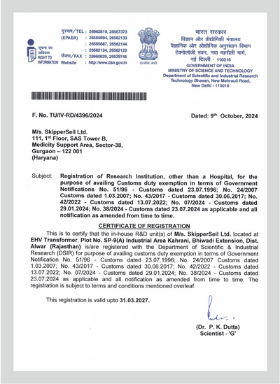 Certificate of Registration from the Ministry of Science and Technology, dated 9th October 2024.
