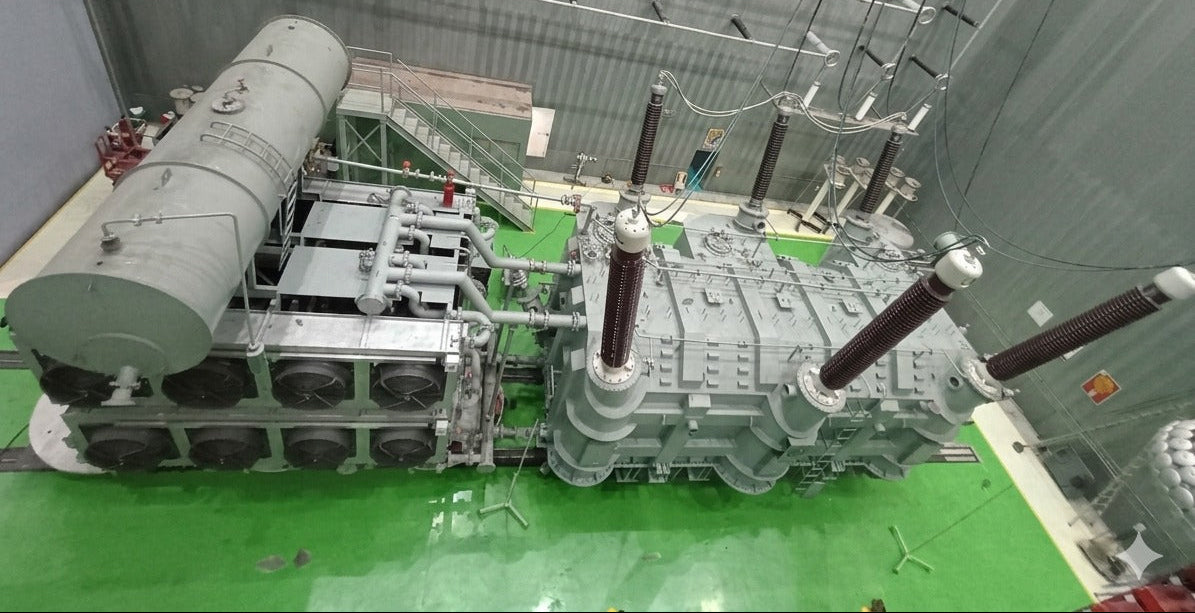 Large industrial electrical transformer in a warehouse setting